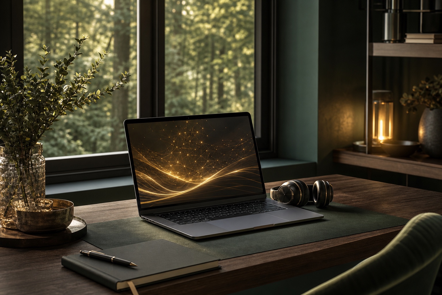 Hochwertiger digitaler Lernplatz mit goldenen Verbindungslinien