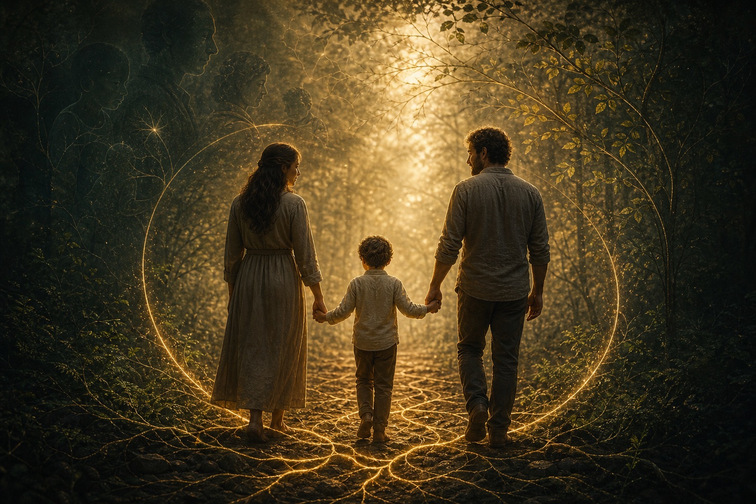 Eine Familie geht gemeinsam auf einem von goldenen Wurzeln durchzogenen Waldweg