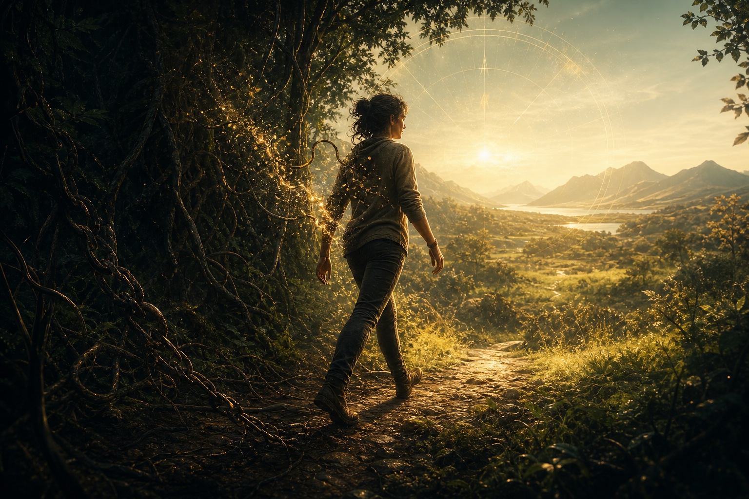 Eine Frau tritt aus einem dunklen Wald in eine lichtvolle, offene Landschaft