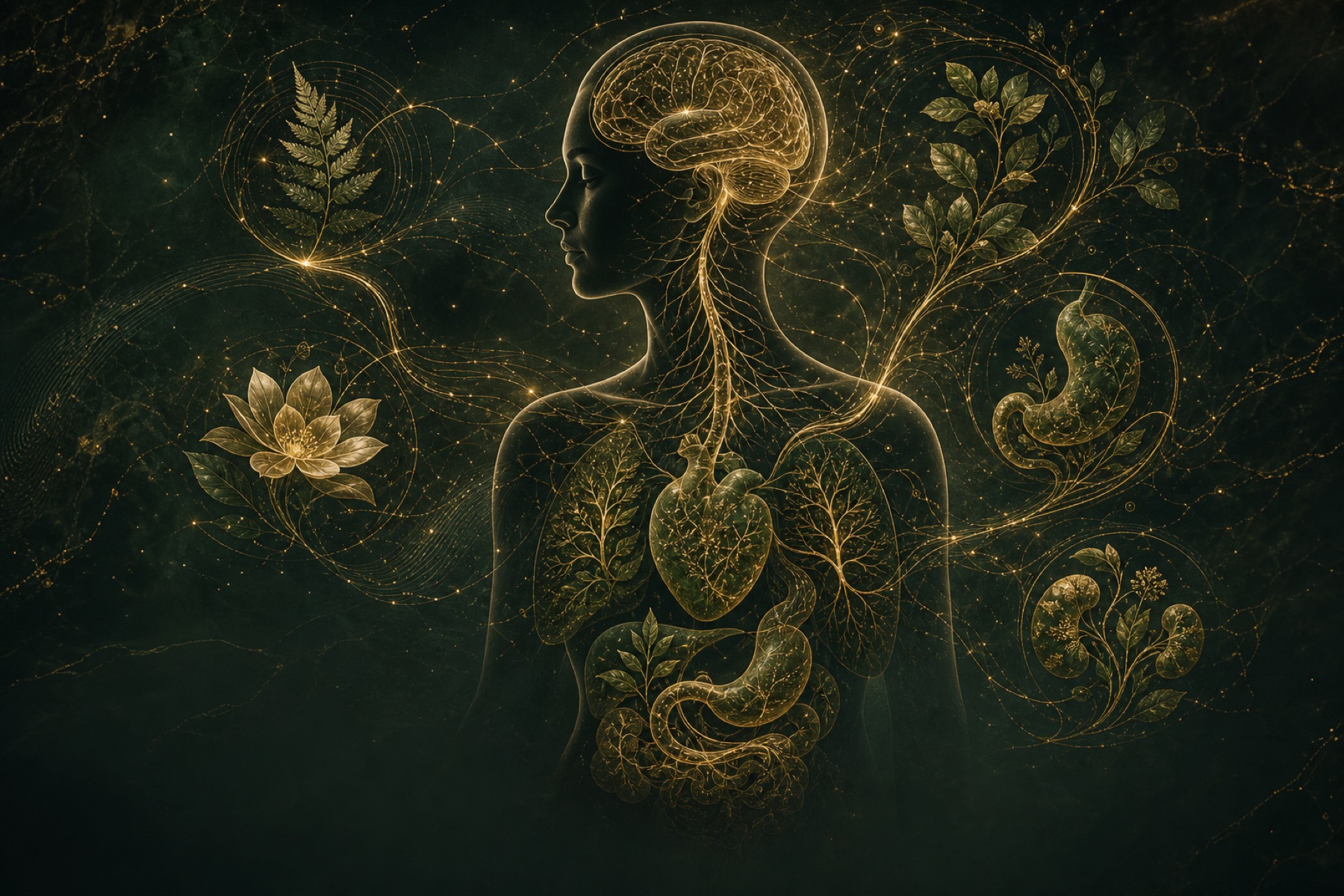 Goldene Verbindungen zwischen Gehirn, Körper und Organen als Sinnbild der 5 biologischen Naturgesetze